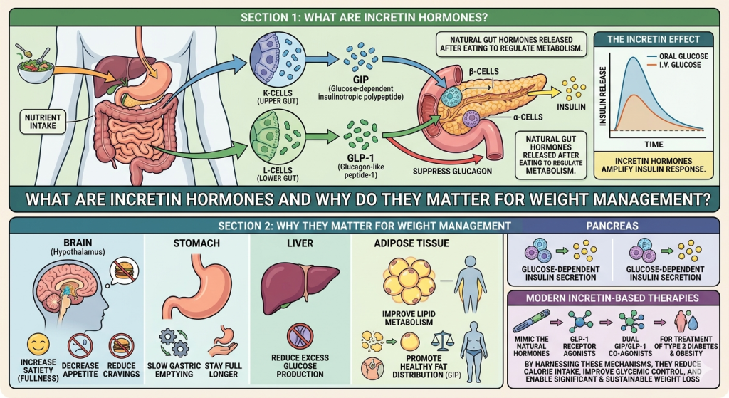 Incretin hormones are natural messengers released by your gut after eating. They help control blood sugar and appetite.